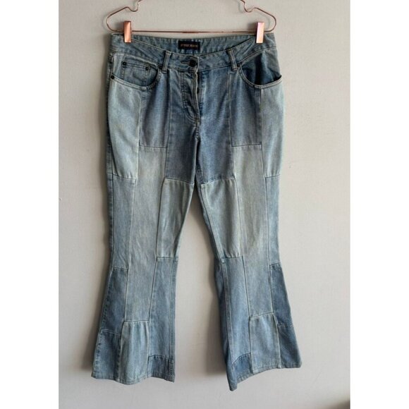 ARMOR JEANS Womens Wide Leg Button Fly Quilted Patchwork Denim Jeans Blue Sz L - Picture 1 of 9